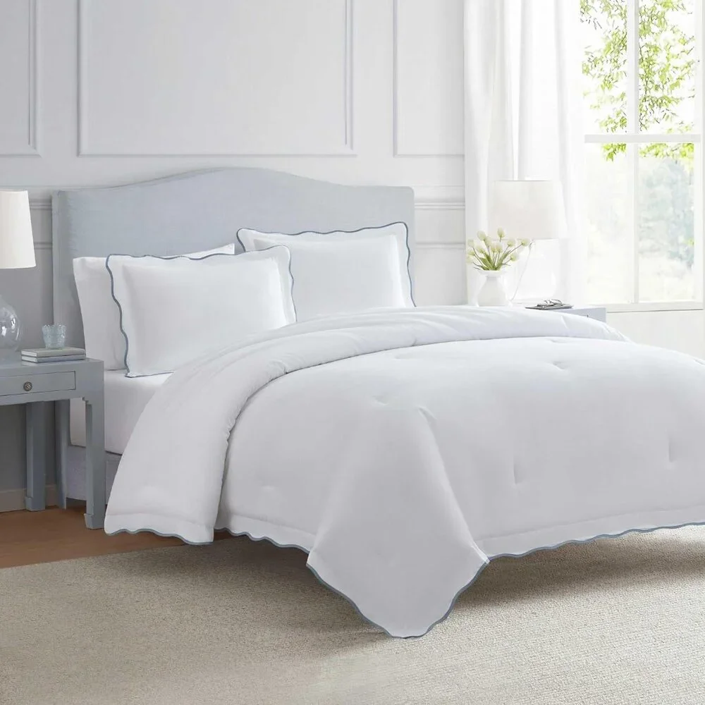NEW Martha Stewart Cotton Percale 3 Piece King Comforter Set Blue Scallop